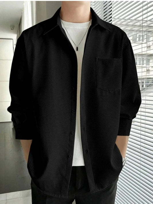 Casual Textured Beige Button-Up Shirt