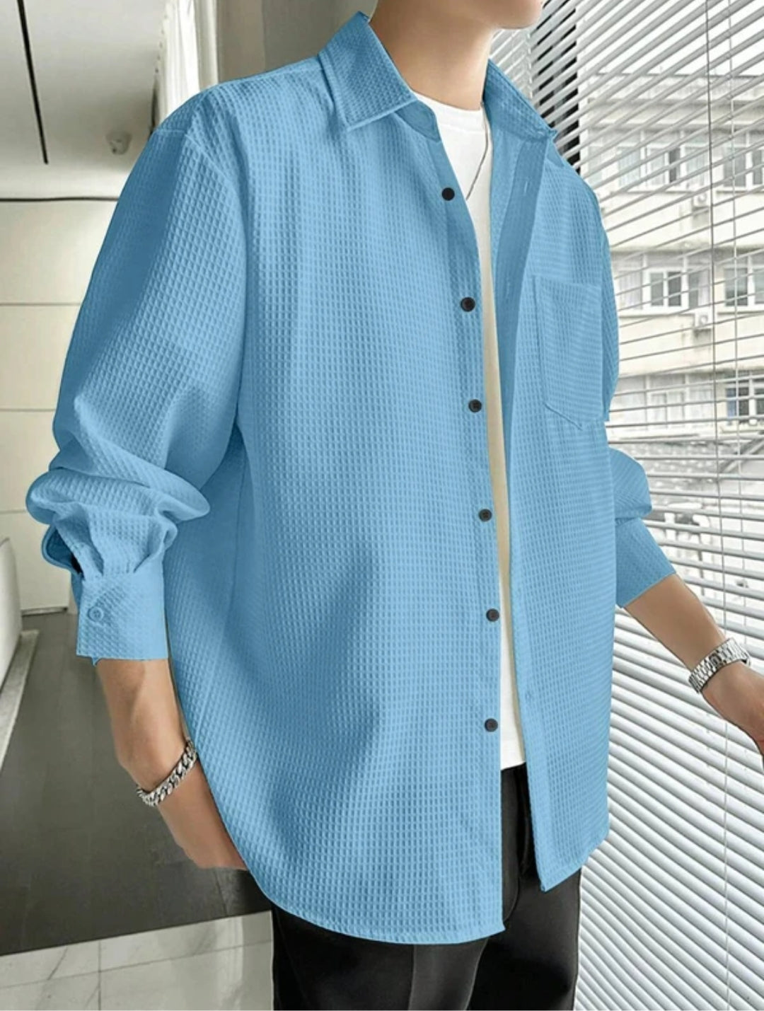 Casual Textured Beige Button-Up Shirt