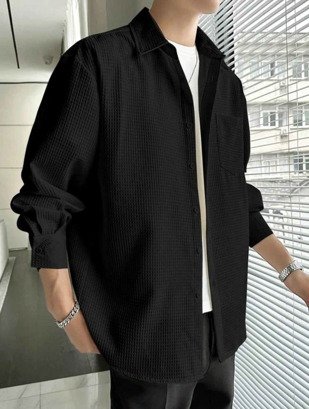Casual Textured Beige Button-Up Shirt