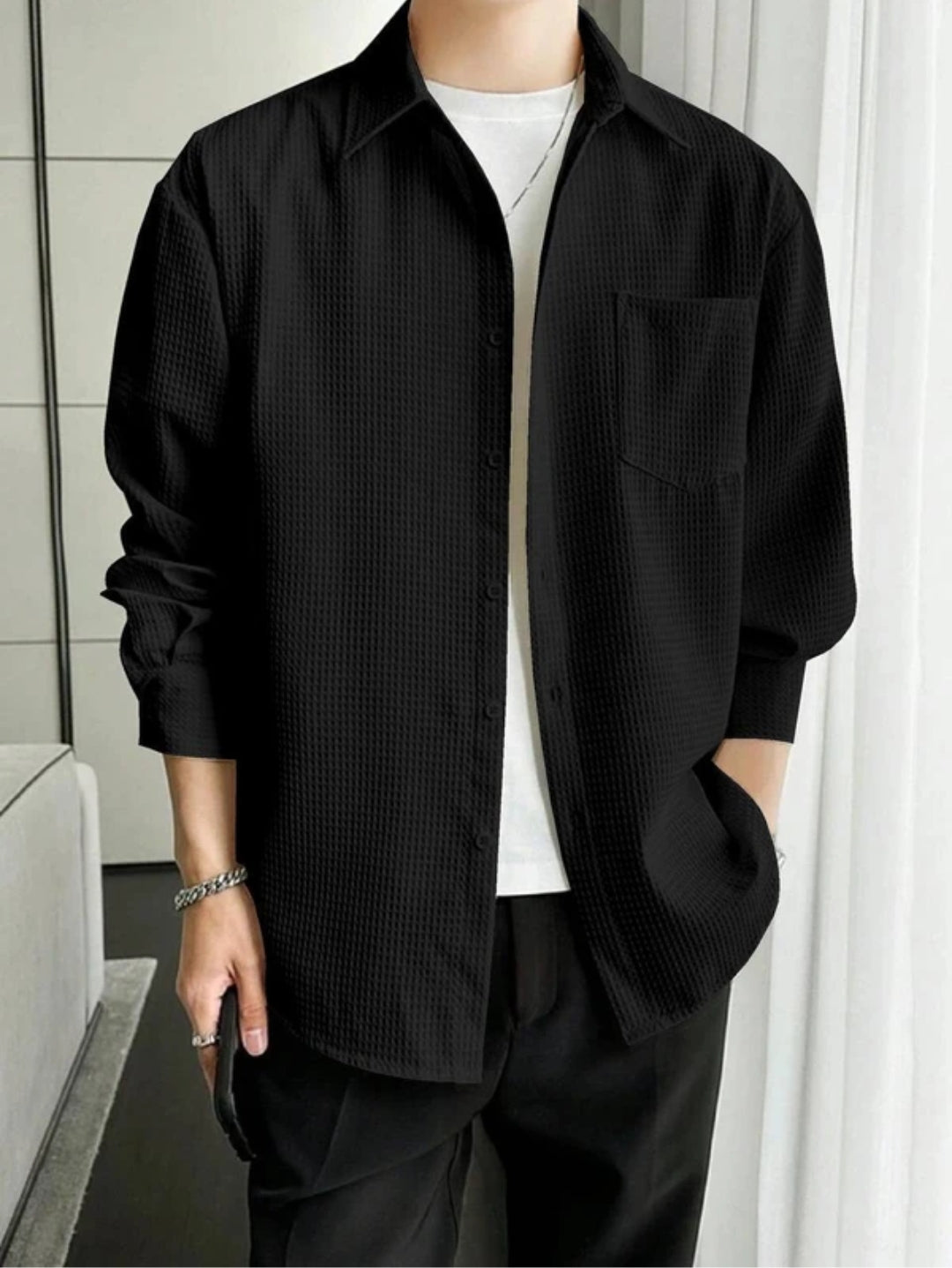 Casual Textured Beige Button-Up Shirt