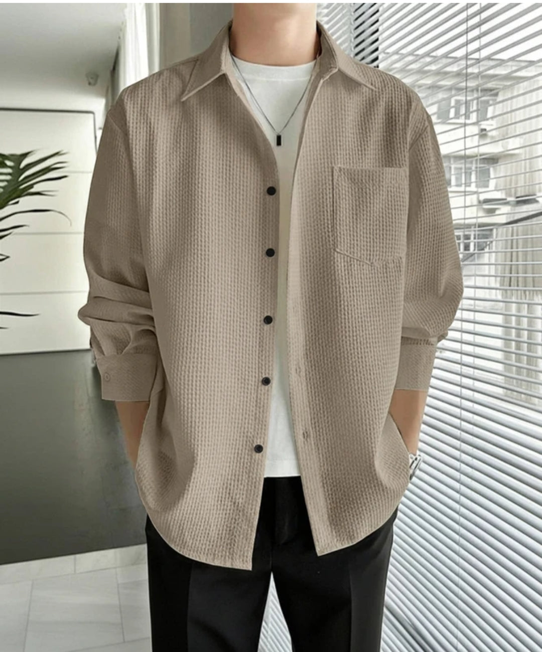 Casual Textured Beige Button-Up Shirt