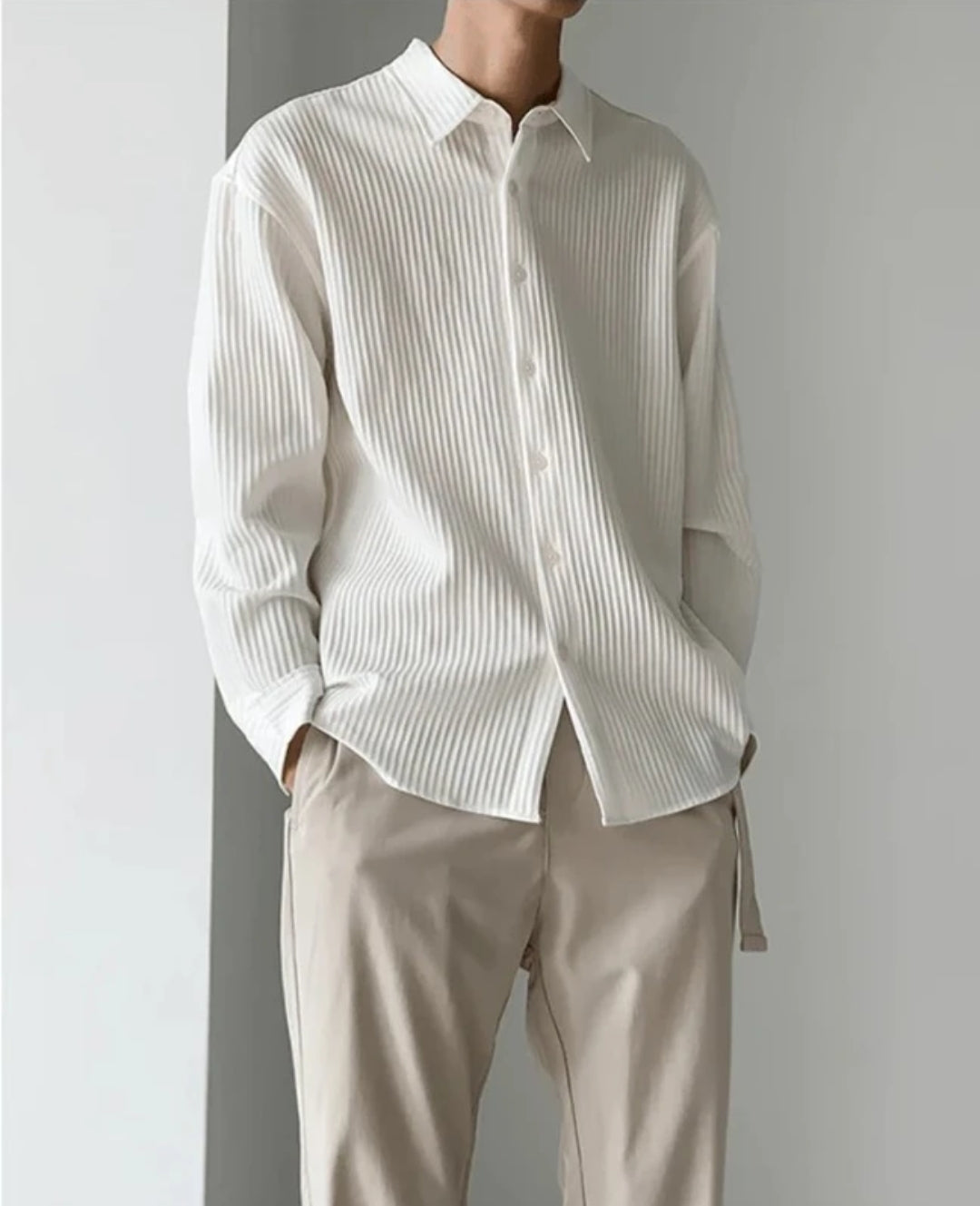 Textured White Shirt & Beige Trousers”