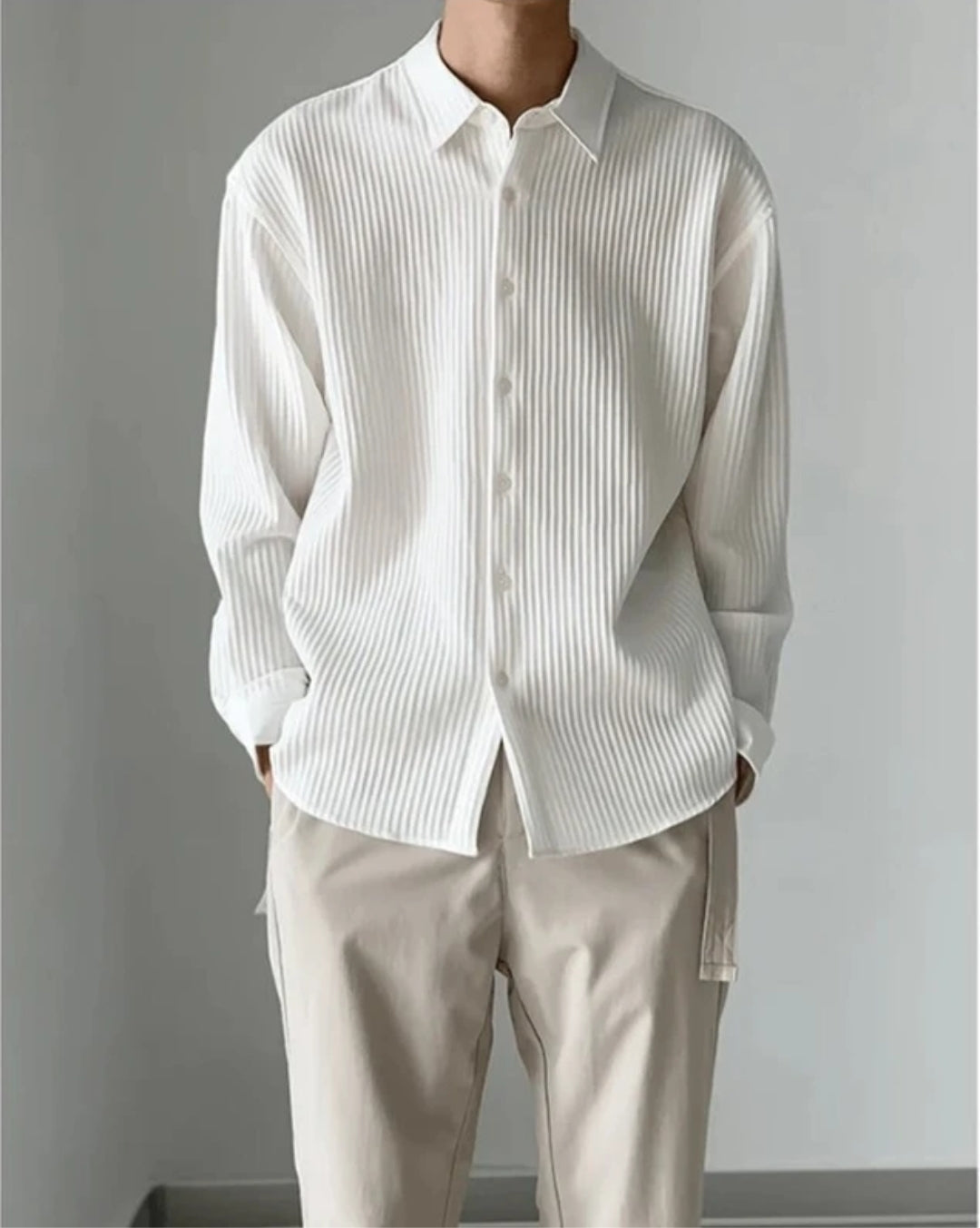 Textured White Shirt & Beige Trousers”