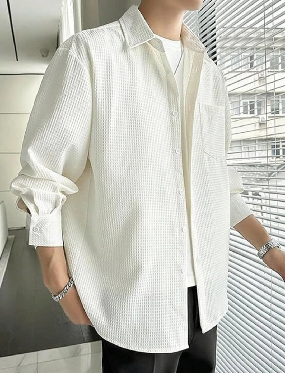 Casual Textured Beige Button-Up Shirt