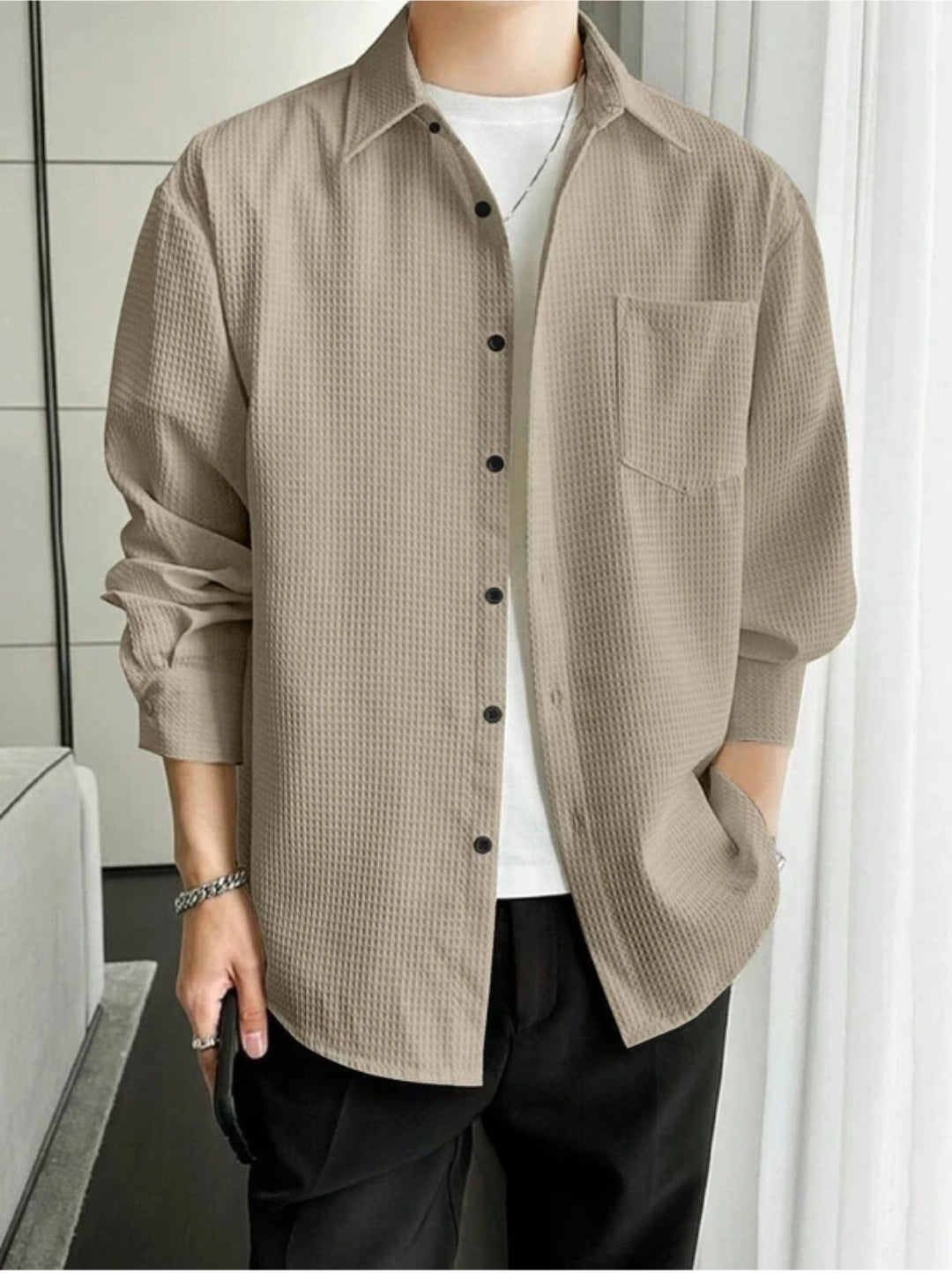 Casual Textured Beige Button-Up Shirt