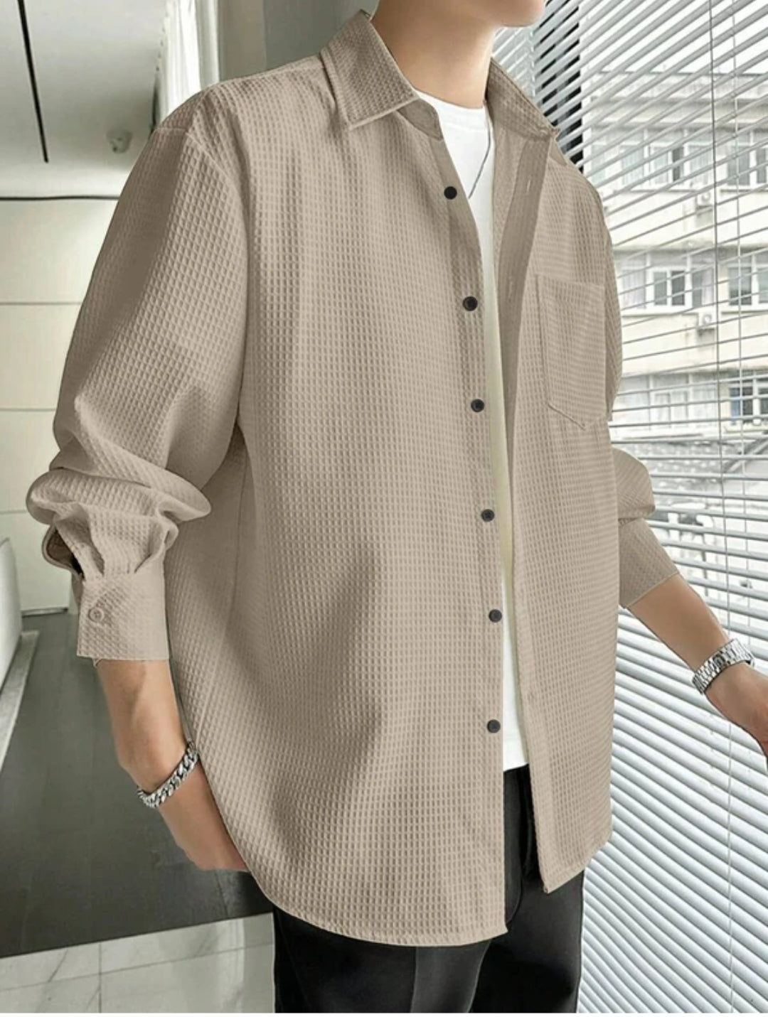 Casual Textured Beige Button-Up Shirt