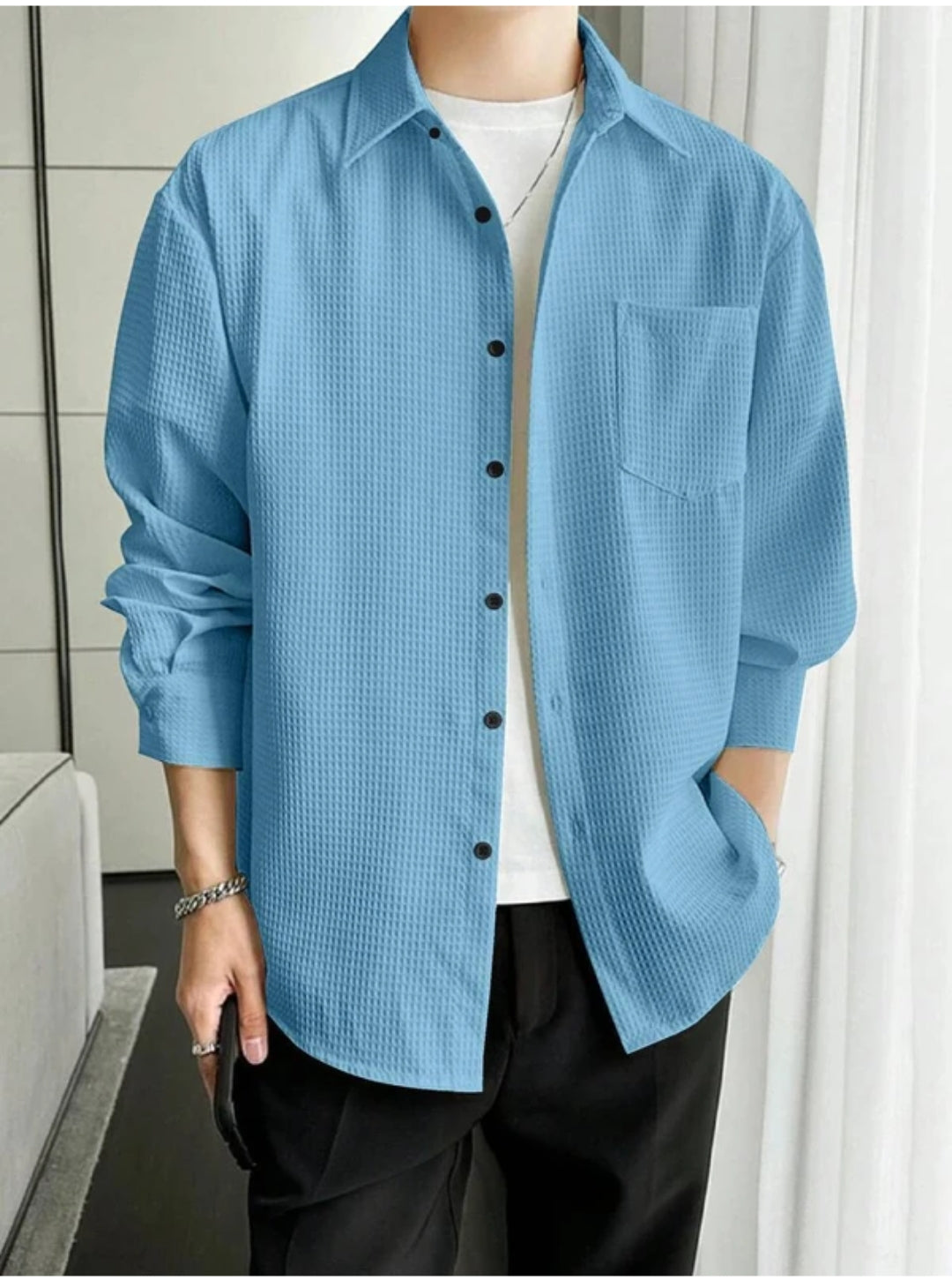 Casual Textured Beige Button-Up Shirt