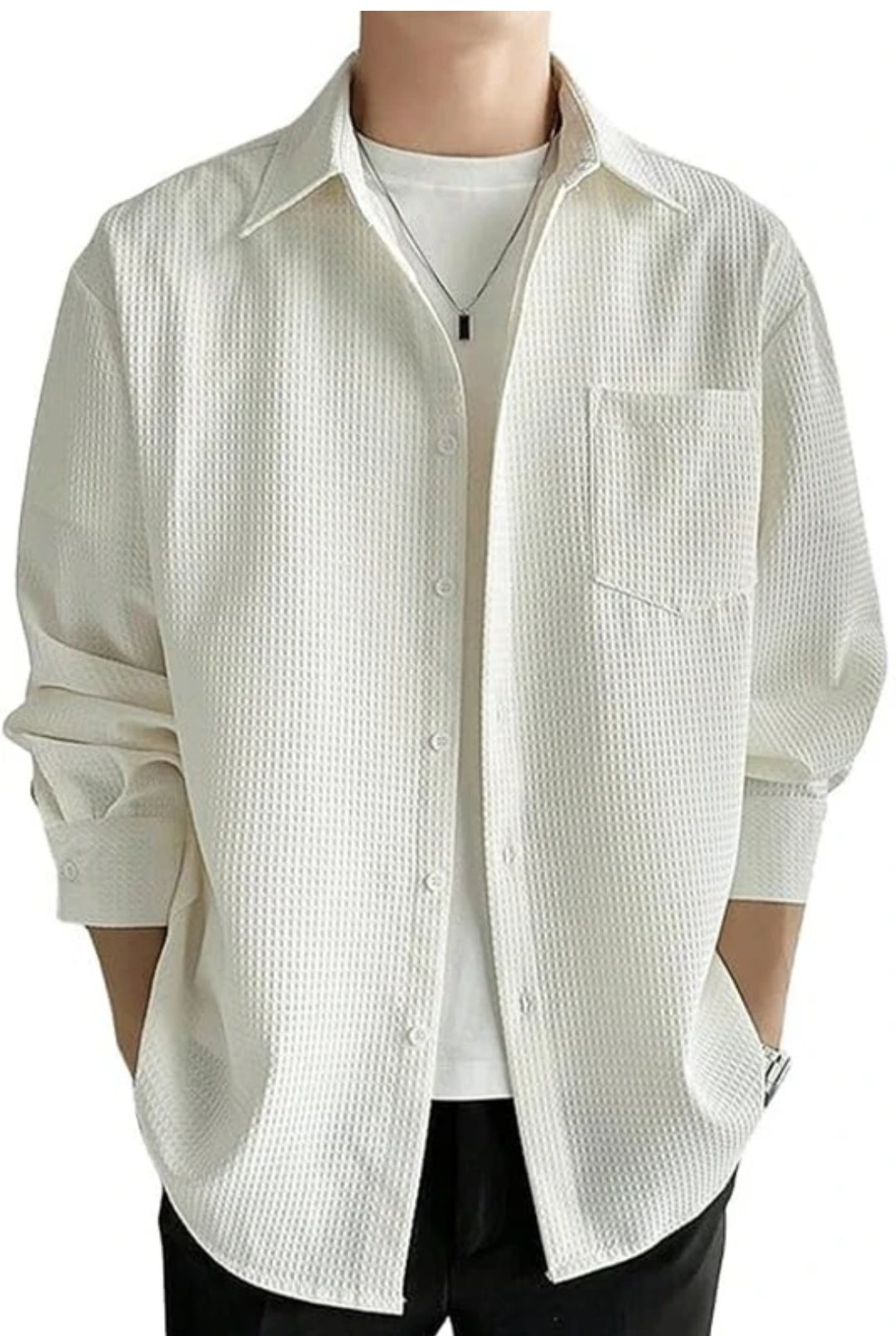 Casual Textured Beige Button-Up Shirt