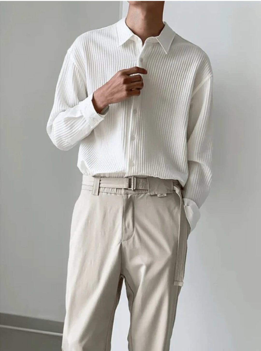 Textured White Shirt & Beige Trousers”