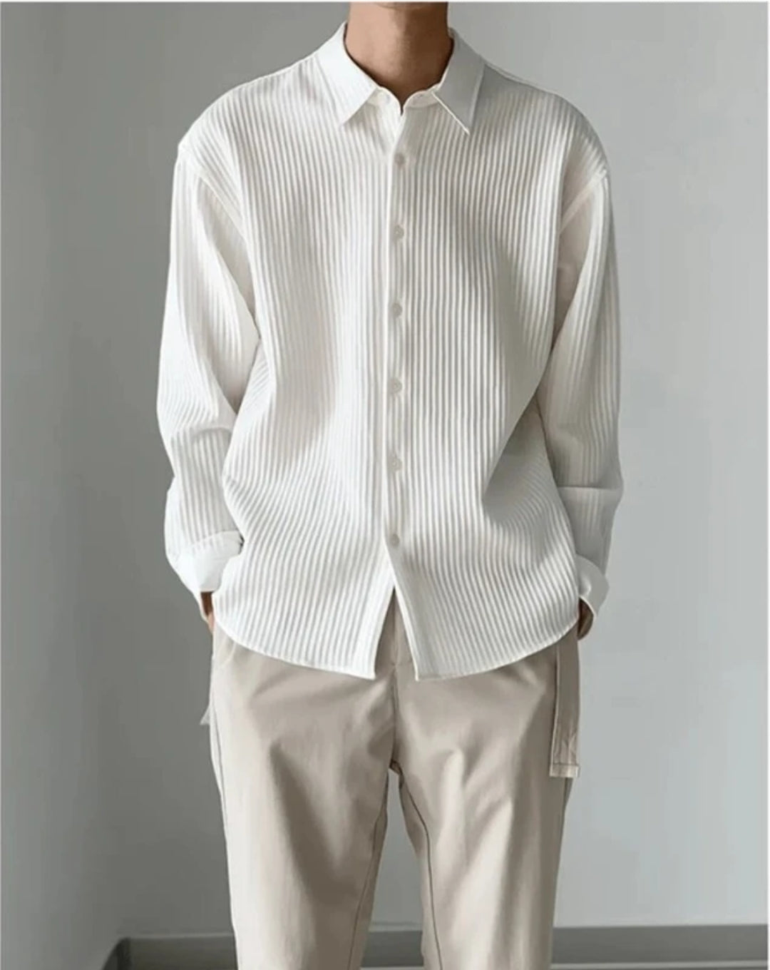 Textured White Shirt & Beige Trousers”