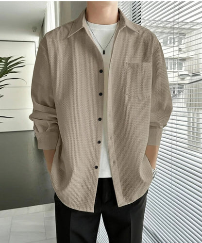 Casual Textured Beige Button-Up Shirt